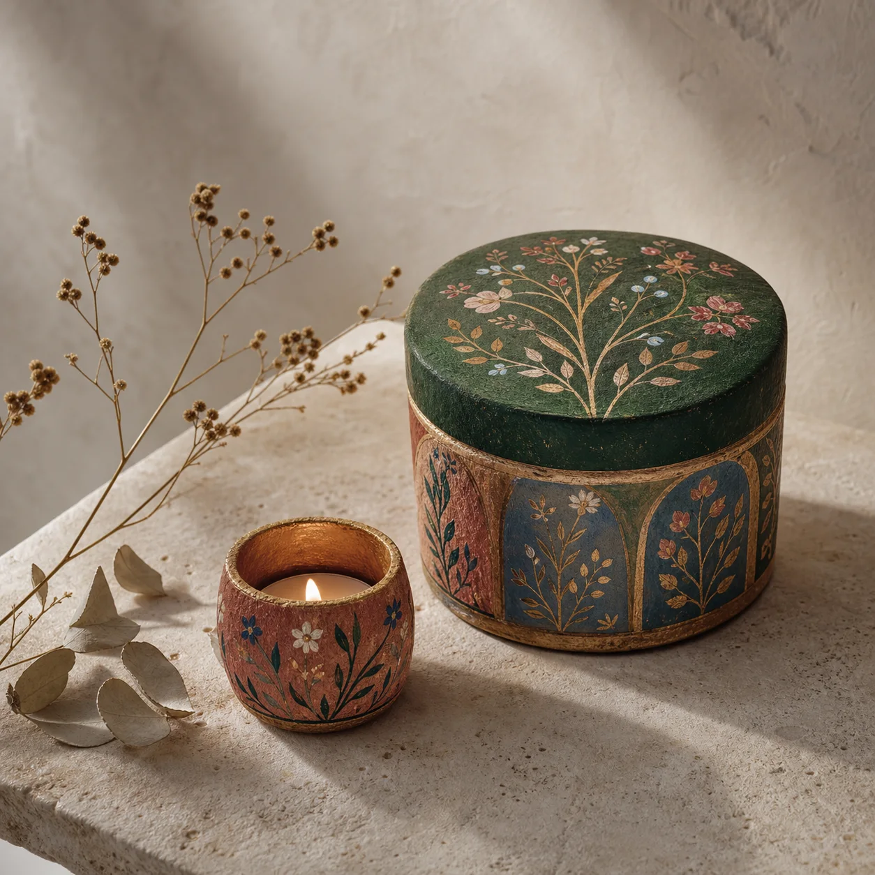 Hand-painted keepsake box with botanical panels