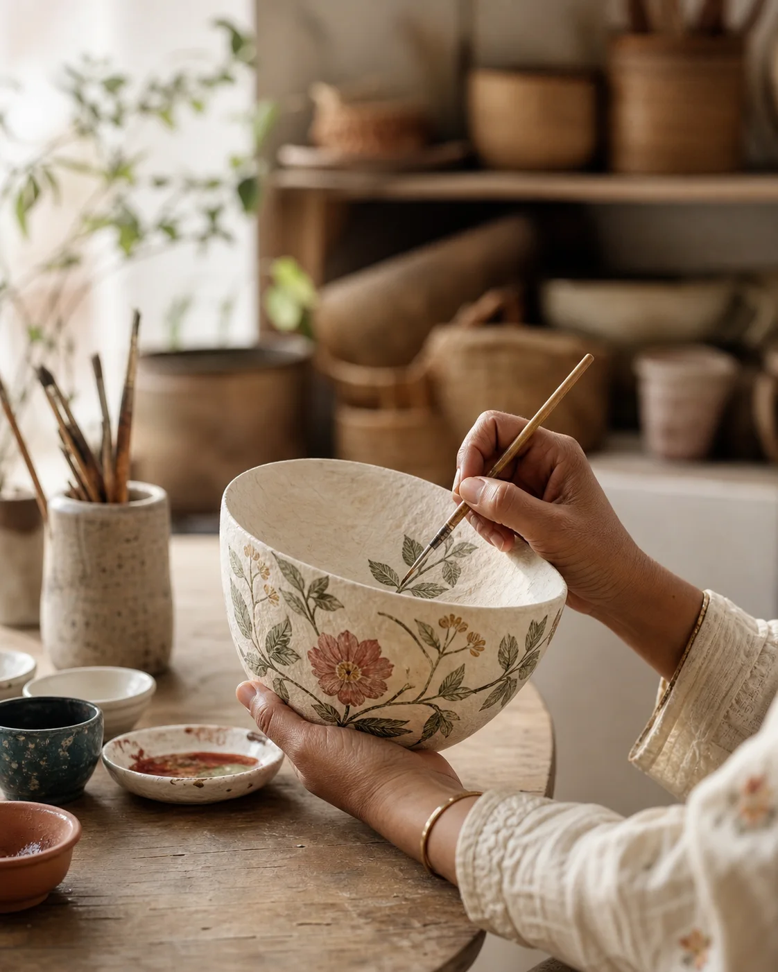 An artisan painting a botanical motif on a papier-mâché bowl
