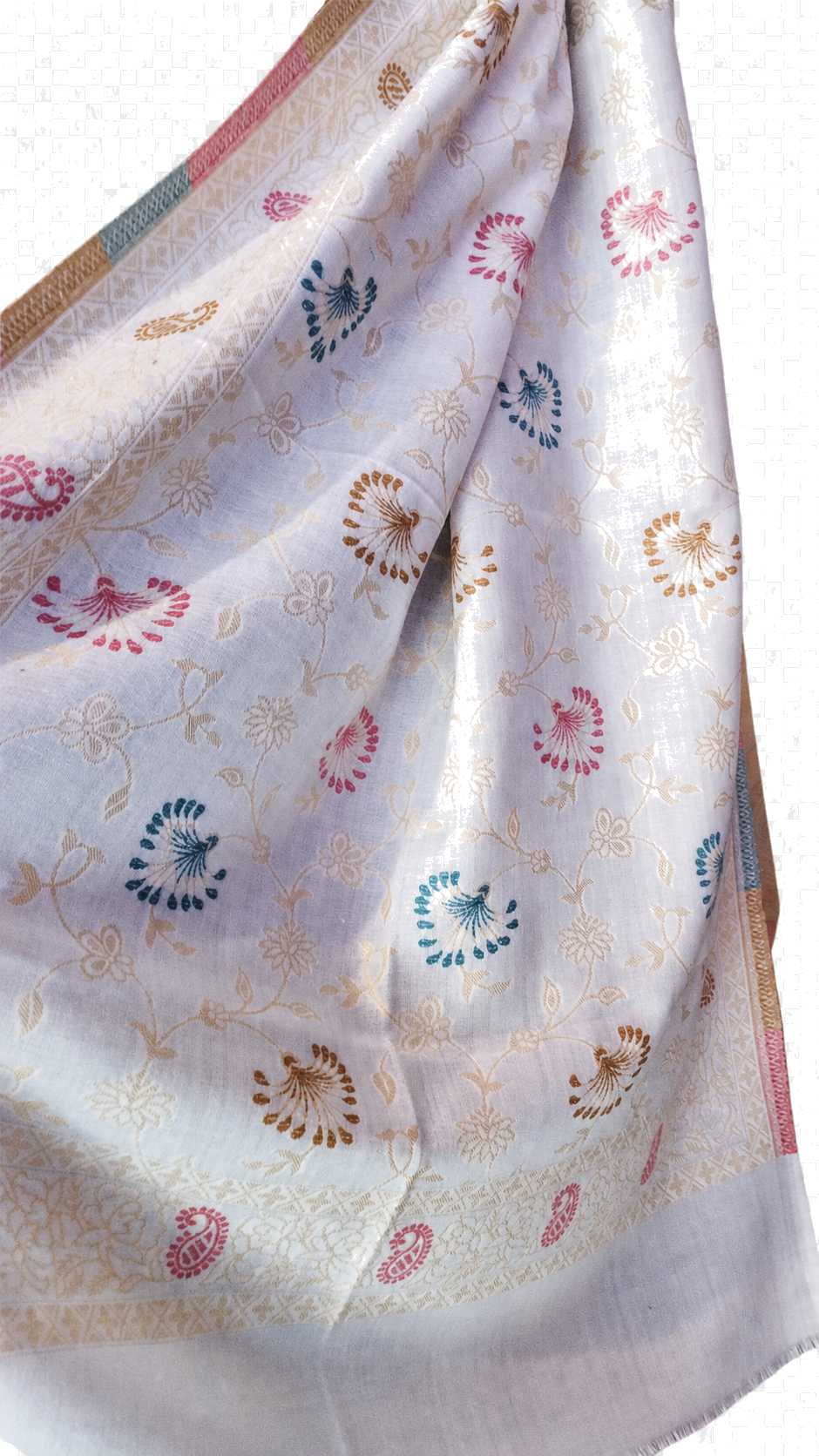 Light textile hanging in folds with a patterned border